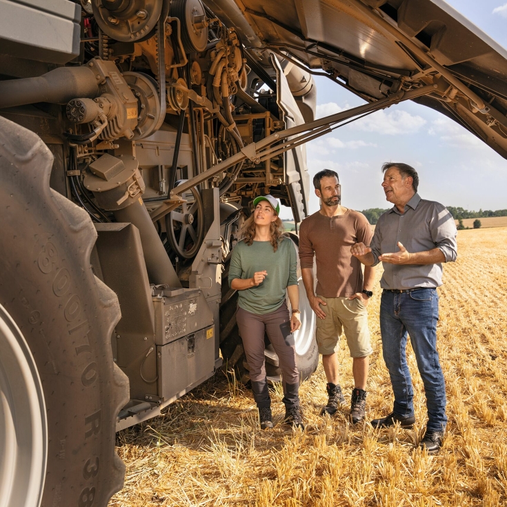 Fendt-jälleenmyyjä selittää parille viljelijälle pellolla, miten Fendt-leikkuupuimuri toimii.
