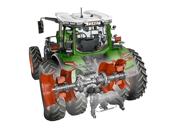 Fendt 800 Vario riviviljelyyn tarkoitetuilla kaksoisrenkailla CGI-kuva Fendt 800 Vario -traktorista, jossa on leikkaus taka-akseliin ja riviviljelyyn tarkoitetut kaksoisrenkaat.