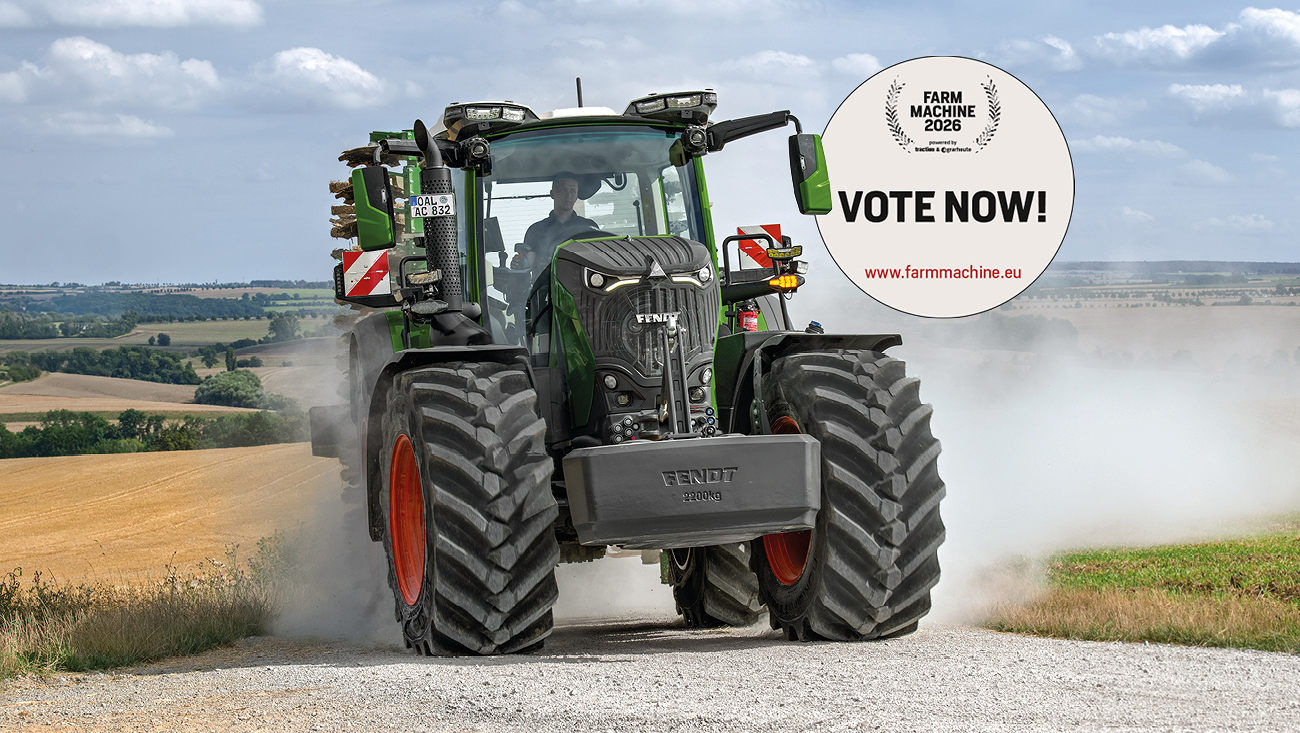 Fendt 800 Vario Gen5 -traktorin etunäkymä ja teksti ”Äänestä nyt” Farm Machine 2026 -palkintoa varten