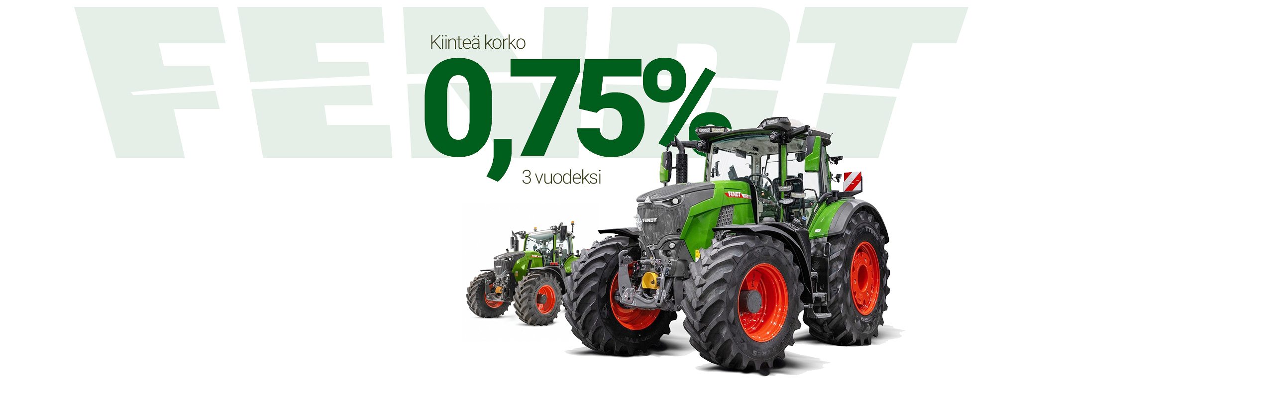 Fendtin rahoituskampanja Fendt‑traktori valkoista taustaa vasten sekä teksti ”0,75 %”, joka mainostaa Fendt‑rahoituskampanjaa.