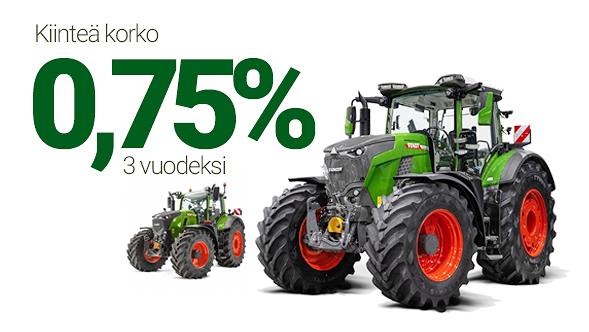 Fendt‑traktori valkoista taustaa vasten, tekstinä 0,75 %, ja se mainostaa Fendt Financen kampanjaa.