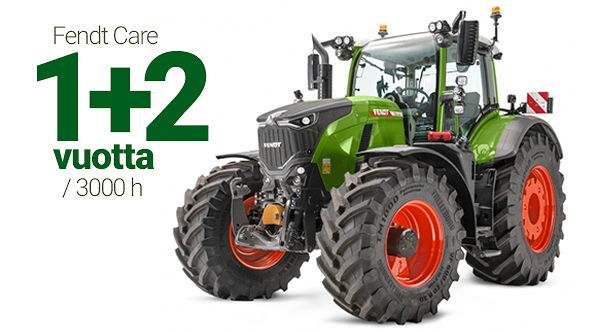 Fendt‑traktori valkoista taustaa vasten, tekstinä 1+2, ja tarjolla on Fendt Care.