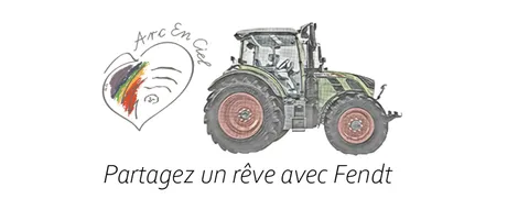 Illustration d'un tracteur Fendt à côté d'un logo en forme de cœur aux couleurs de l'arc-en-ciel et de l'inscription « Arc En Ciel » ; en dessous, le texte « Partagez un rêve avec Fendt ».