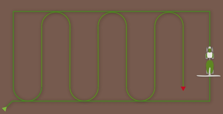 Graphique illustrant la fonction single track. Un tracteur suit une ligne verte pré-dessinée avec des contours libres.