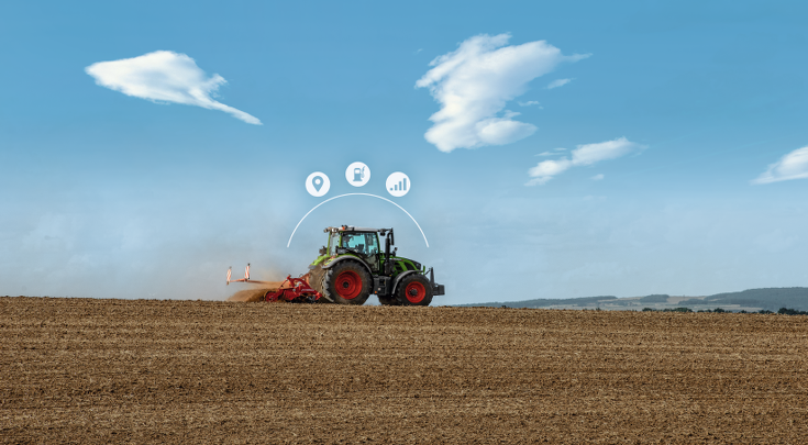 Le Fendt 500 Vario au champ avec des icônes.