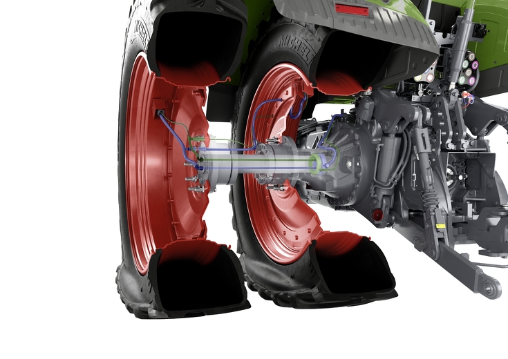 Illustration CGI de la section transversale d'une culture en rangée avec des pneus doubles.