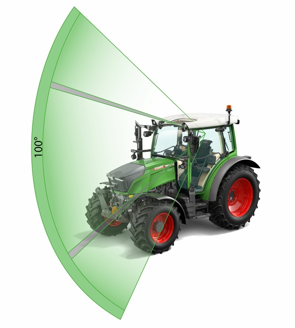 Représentation du Fendt Vario avec une vue d'ensemble de 100 degrés Représentation graphique du Fendt 200 Vario avec une vue d'ensemble de 100 degrés. La visualisation est réalisée avec un champ de vision vert de 100 degrés depuis la cabine confort Fendt.