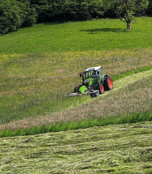 Fendt 200 Vario dans une prairie avec relevage avant Fendt 200 Vario avec Fendt Slicer dans un terrain vert escarpé lors du fauchage du pâturage.