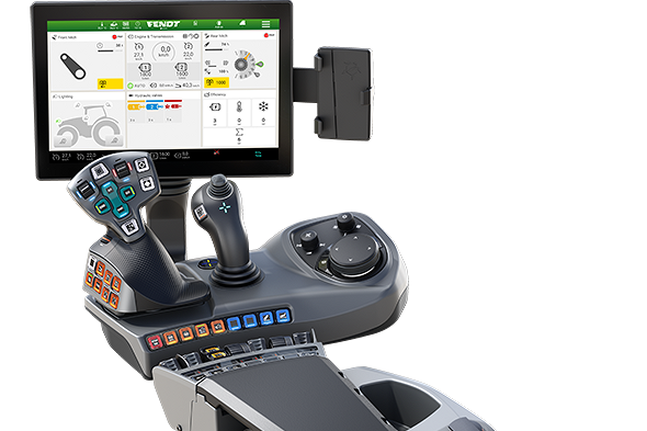 Vue d'un accoudoir avec éléments de commande, joystick et écran pour le poste de conduite FendtONE