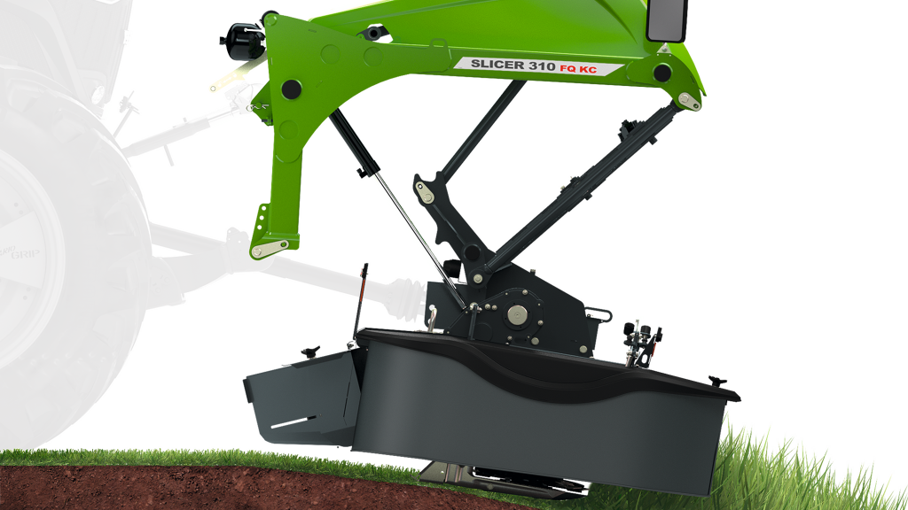 Représentation graphique de la vue latérale de Fendt Slicer 310 FQ KC lors du fauchage le long de la couche herbeuse.
