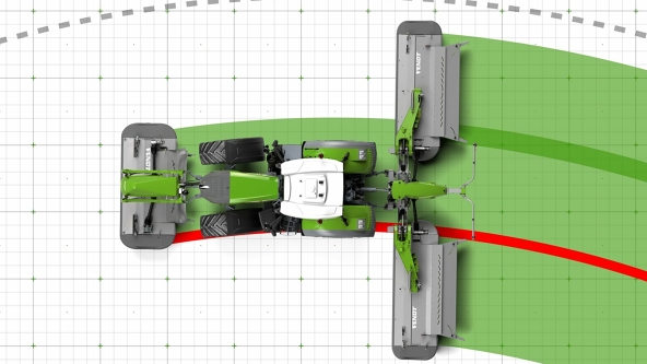 Représentation graphique en vue aerienne d’un tracteur Fendt avec faucheuses avec commande de trajectiore automatisée