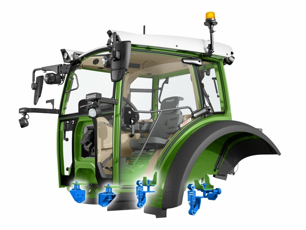 Représentation de divers éléments mécaniques à ressort et amortisseur dans le Fendt e100 Vario