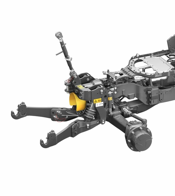 Vue détaillée de la suspension avant et du stabilisateur anti-roulis d'un Fendt e100 Vario