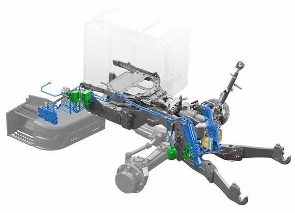 Représentation CGI d'un relevage avant Fendt e100 Vario