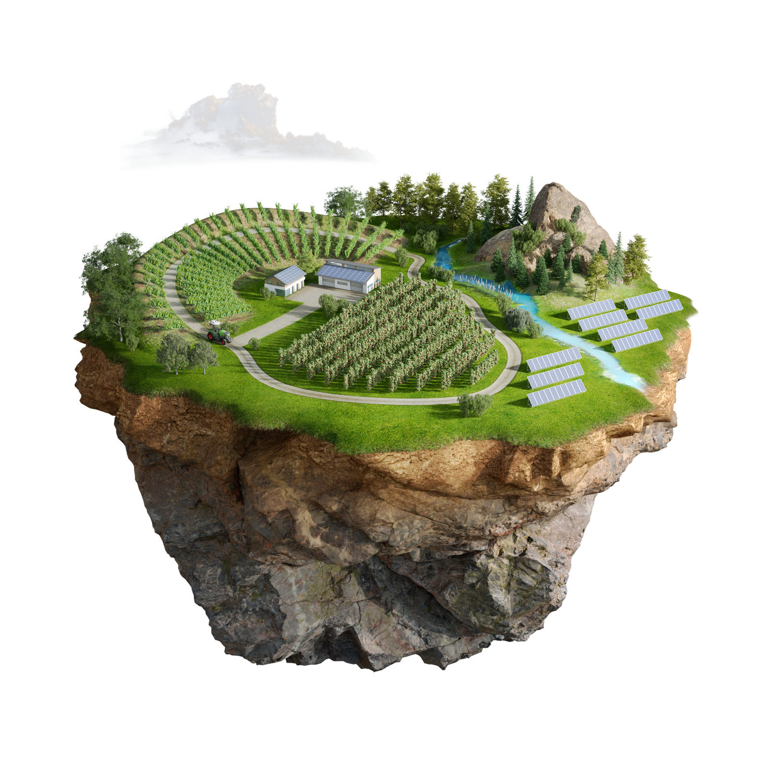 Image cachée représentant un vignoble et un verger avec un Fendt e100 V Vario