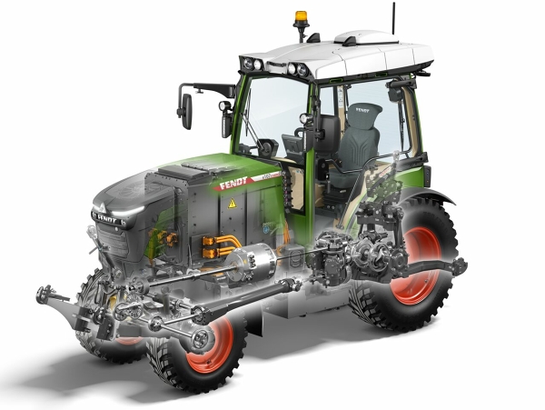 Image CGI donnant un aperçu du système d'entraînement efficace du Fendt e100 V Vario
