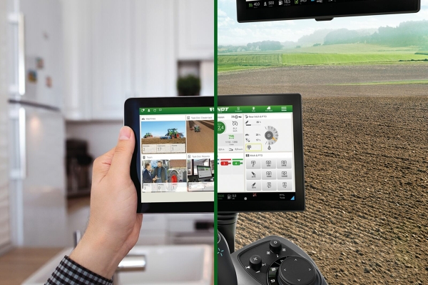 Affichage divisé en deux parties de FendtONE avec offboard dans le bureau et onboard dans la cabine du tracteur dans le champ