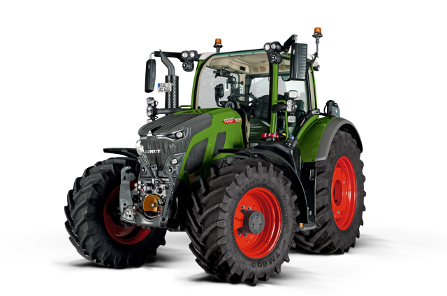 CGI du tracteur vert Fendt 600 Vario avec jantes rouges