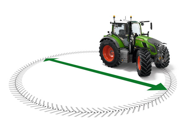 Représentation graphique du tracteur vert Fendt 600 Vario et du rayon de braquage gris de celui-ci. Une flèche verte avec des pointes à chaque extrémité indique le diamètre du cercle.