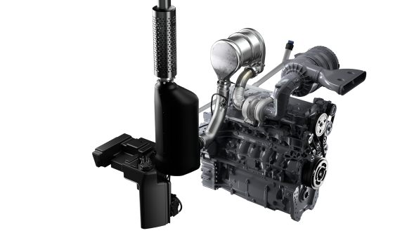 Une CGI exposée du moteur, du catalyseur, du filtre à air et du pot d’échappement du Fendt 900 Vario.