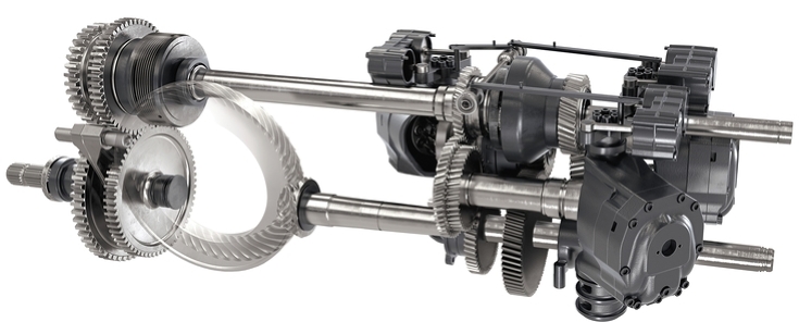 Vue CGI de la prise de force arrière et des détails techniques de la transmission Vario Représentation CGI de la prise de force arrière avec détails techniques de la transmission Vario de Fendt