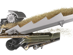 Image CGI d'une moissonneuse-batteuse Fendt de la série C avec une vue des composants internes de la machine et des assemblages techniques pour illustrer la structure interne.
