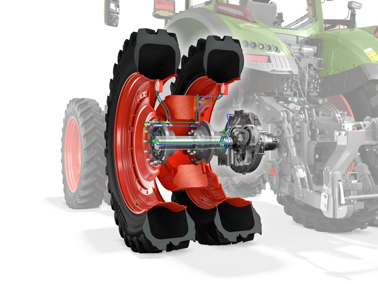 CGI d'un pont arrière avec des roues jumelées en RowCrop