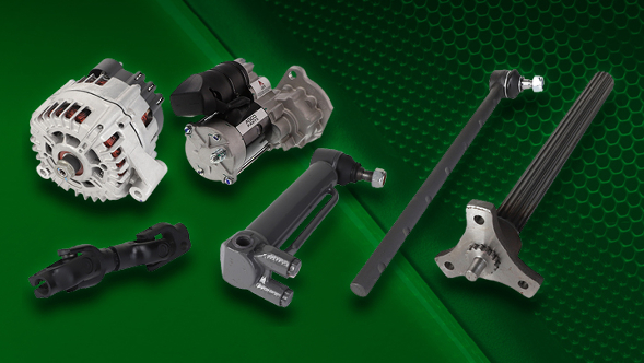 Motif principal de la campagne AGCO Parts Maintain 2025 Plusieurs pièces de rechange sur fond vert comme motif de campagne