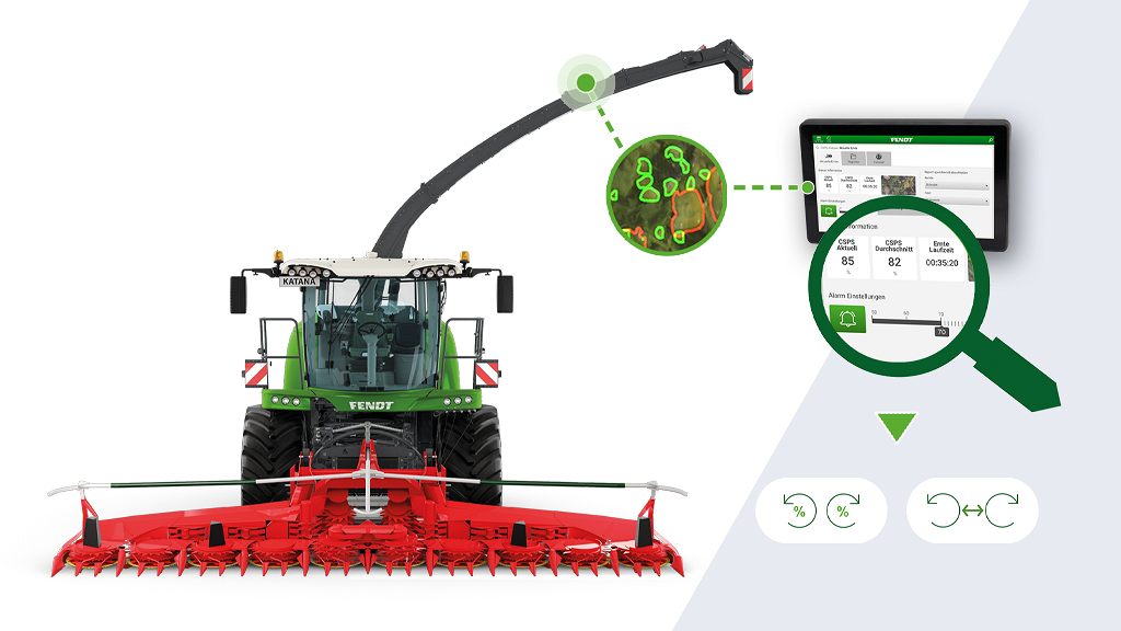 Illustration de la Fendt Katana avec la goulotte d’éjection déployée et le traitement du grain qui s’y déroule grâce à la ForageQualityCam intégrée.