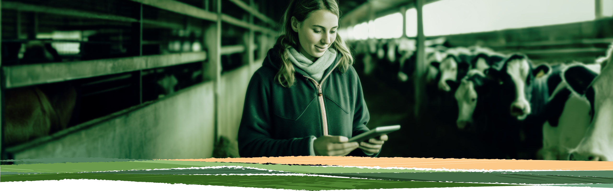 Une agricultrice se tient dans une étable et regarde son téléphone portable