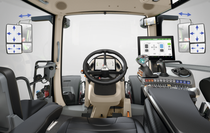 A Fendt 900 Vario elektromosan állítható kényelmi visszapillantó tükreinek ábrázolása.