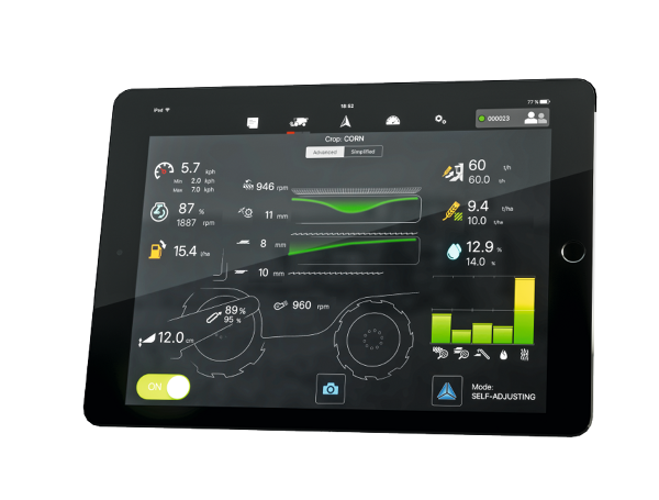 Tablet a Fendt IDEAL kombájn beállításainak képernyőjével az IDEALharvest segítségével
