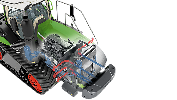 hűtés Fendt 1100 Vario MT A hűtési koncepció illusztrációja a Fendt 1100 Vario piros és kék nyilakkal.
