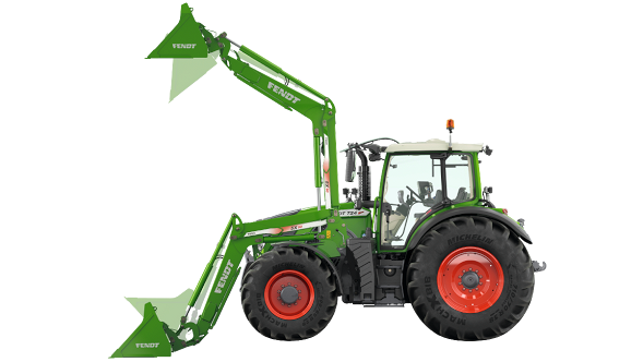 Fendt 700 Vario Gen6 homlokrakodóval egy Fendt 700 Vario Gen6 homlokrakodóval fehér háttér előtt.