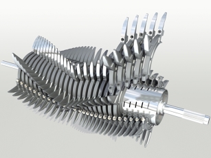 Közelkép egy V alakú vágórotorról csavarozott bordaszegmensekkel ellátott rotorbordákkal.