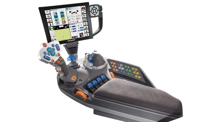 Driver workplace, armrest with joystick and screen