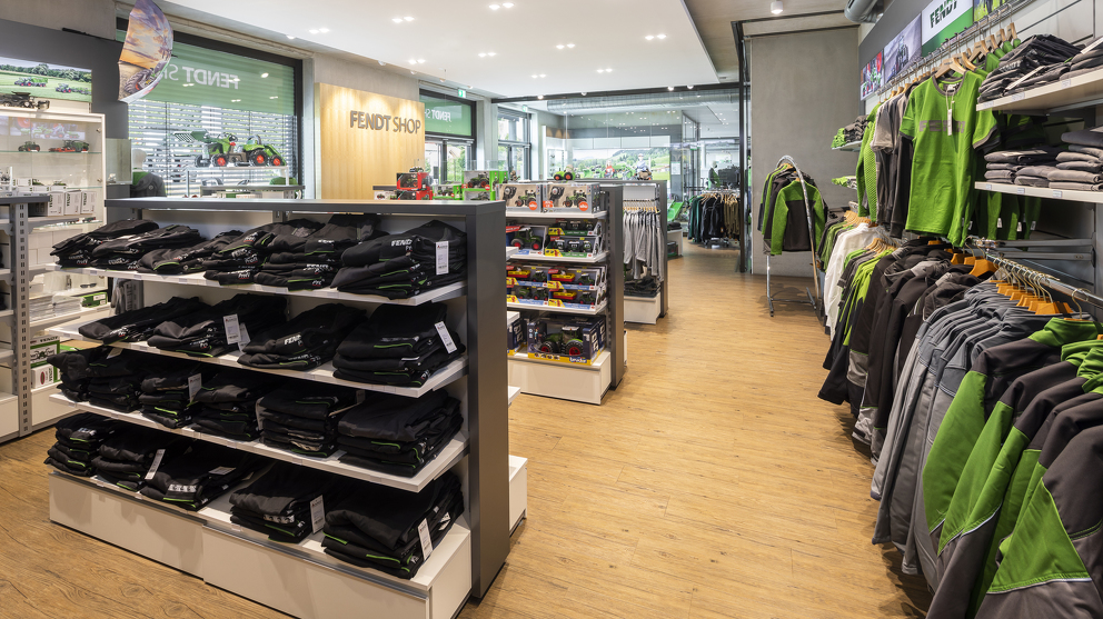 Interior view of the Fendt Shop in Marktoberdorf with a variety of clothes.