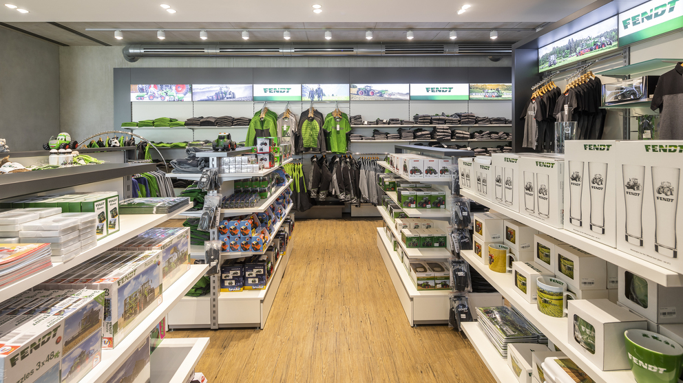 Interior view of the Fendt Shop in Marktoberdorf with a variety of clothes.