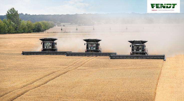 Three Fendt IDEAL 9T threshing in the grain field.