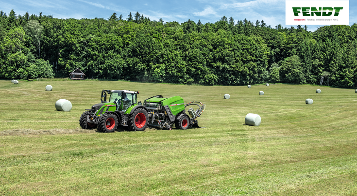 The Fendt Rotana F Combi baling and wrapping silage bales.