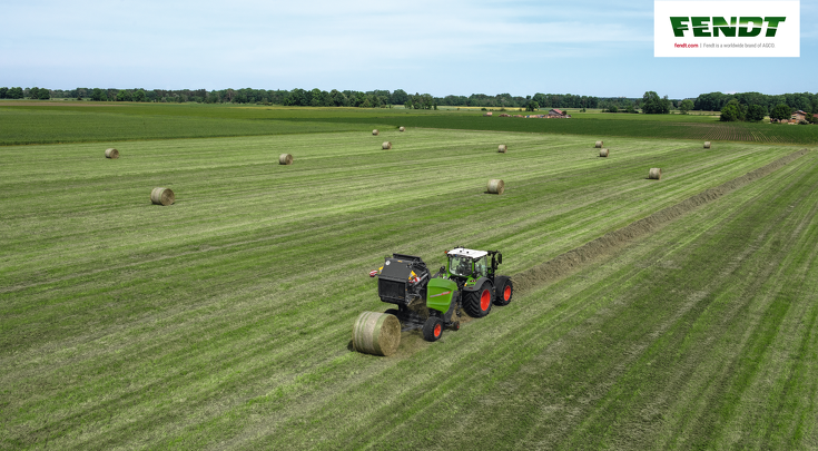 The Fendt Rotana variable round baler baling hay bales.