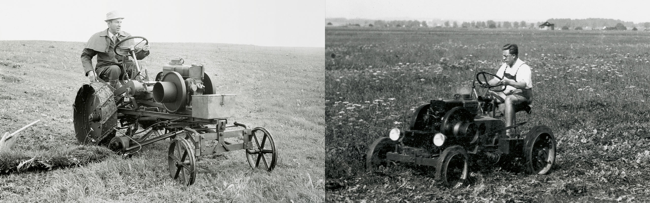 Two farmers drive two old Fendt tractors on a meadow.