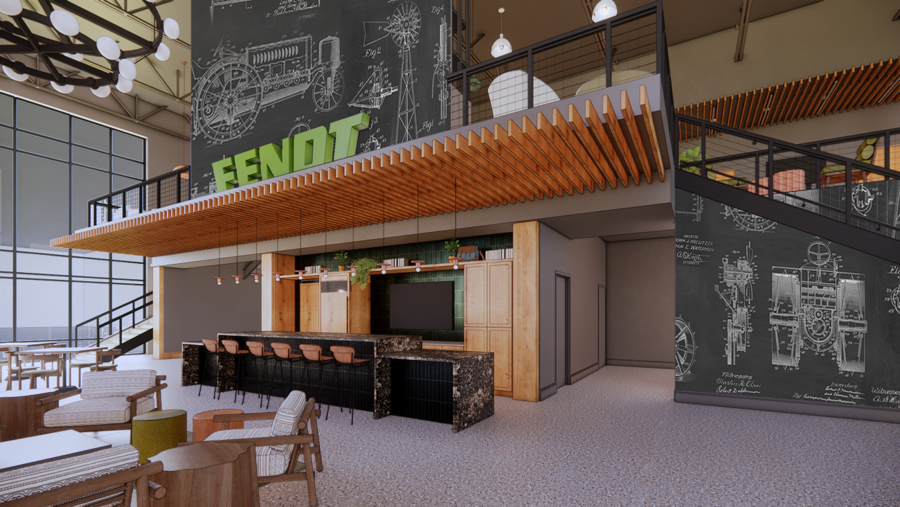 A rendering of an open-plenned room with seating areas, a bar and a green Fendt logo. The wallpaper shows technical drawings of old tractors