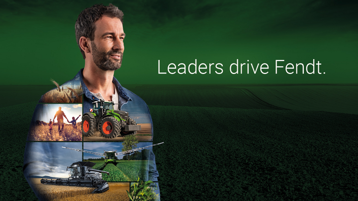 A farmer standing in front of a green background and looks motivated into the future. Fendt products are depicted on his shirt.