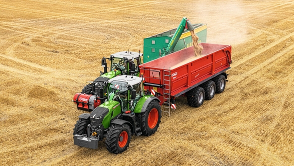 Fendt 728 Vario Gen7 test report by the Lower Saxony Chamber of Agriculture A green-painted Fendt 728 Vario with attached loader wagon in the field