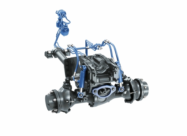 Front-axle suspension with nitrogen accumulator The CGI shows the front-axle suspension in black and the hoses, nitrogen accumulator and lock and activation of suspension in blue.