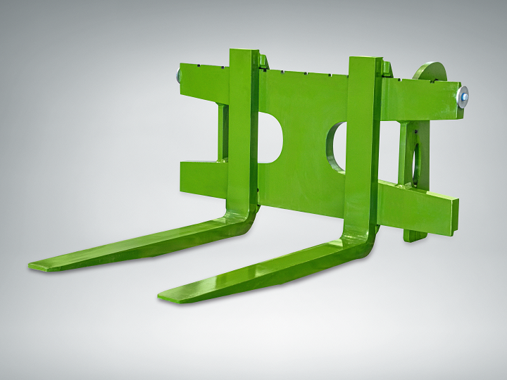 Green pallet fork on light grey background