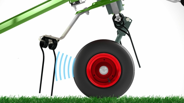 High-performance spring tines on the Fendt Twister A graphic illustration of the isosceles Super C high-performance spring tine and the wheel of the Fendt Twister. The illustration shows the small distance between the tines and the impeller.
