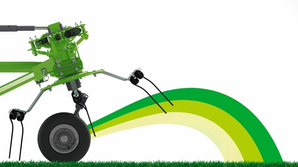 Illustration of the Fendt Twister with C-high-performance spring tines, impeller and spreading angles Illustration of the Fendt Twister , in which the standard spreading angle adjustment in 3 positions is represented by arcs in three different shades of green.