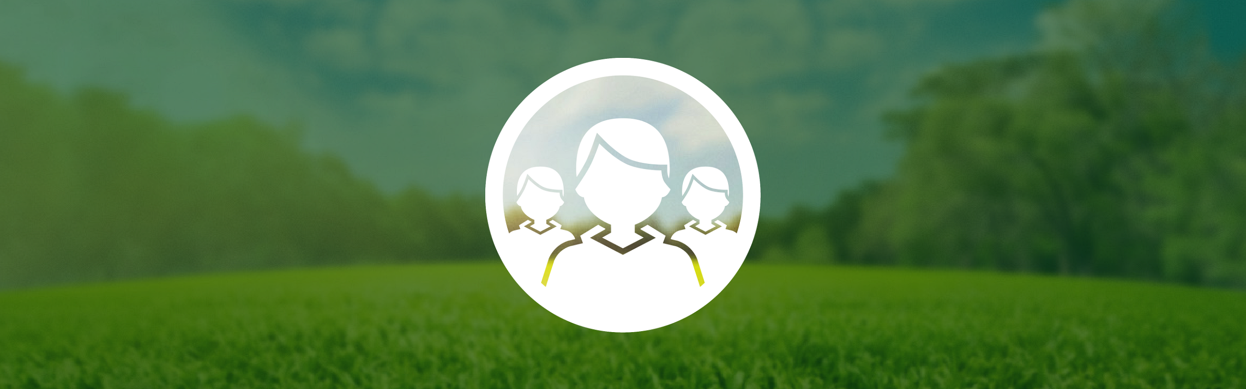 Three white silhouettes representing employees are positioned within a circle. The background shows a green forest meadow under a blue sky, which is darkened outside the circle by a dark green, partially transparent layer.